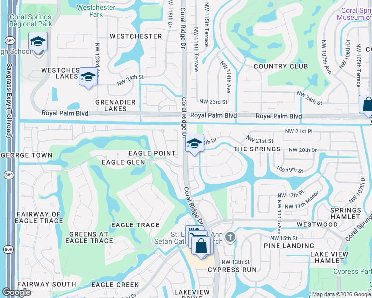 map of restaurants, bars, coffee shops, grocery stores, and more near 1901 Coral Ridge Drive in Coral Springs