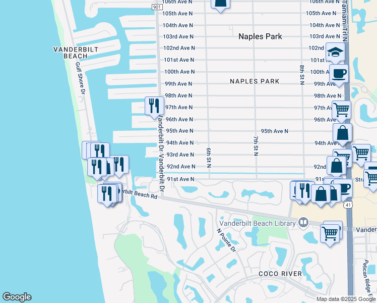 map of restaurants, bars, coffee shops, grocery stores, and more near 564 93rd Avenue North in Naples