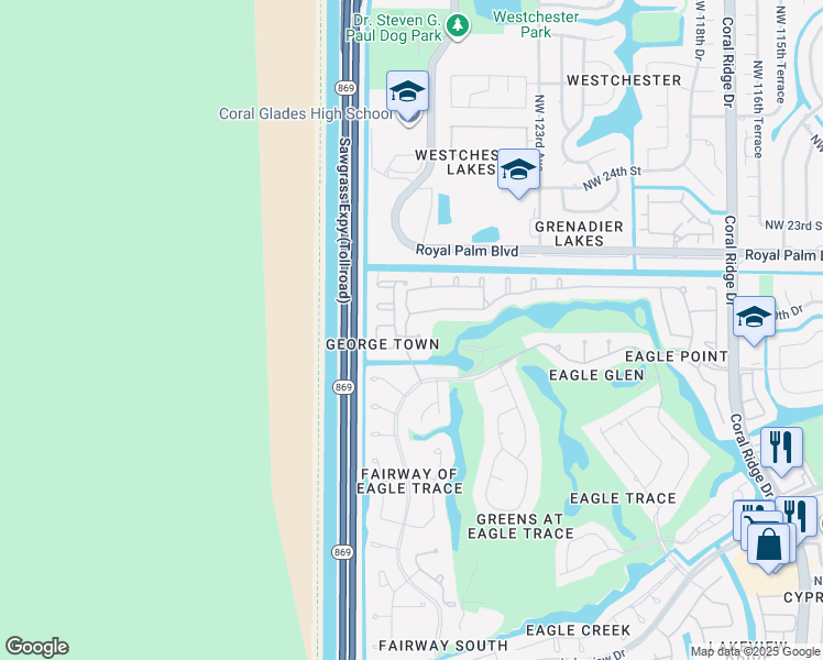 map of restaurants, bars, coffee shops, grocery stores, and more near 1975 Northwest 127th Terrace in Coral Springs