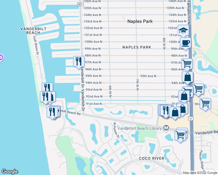 map of restaurants, bars, coffee shops, grocery stores, and more near 595 93rd Avenue North in Naples