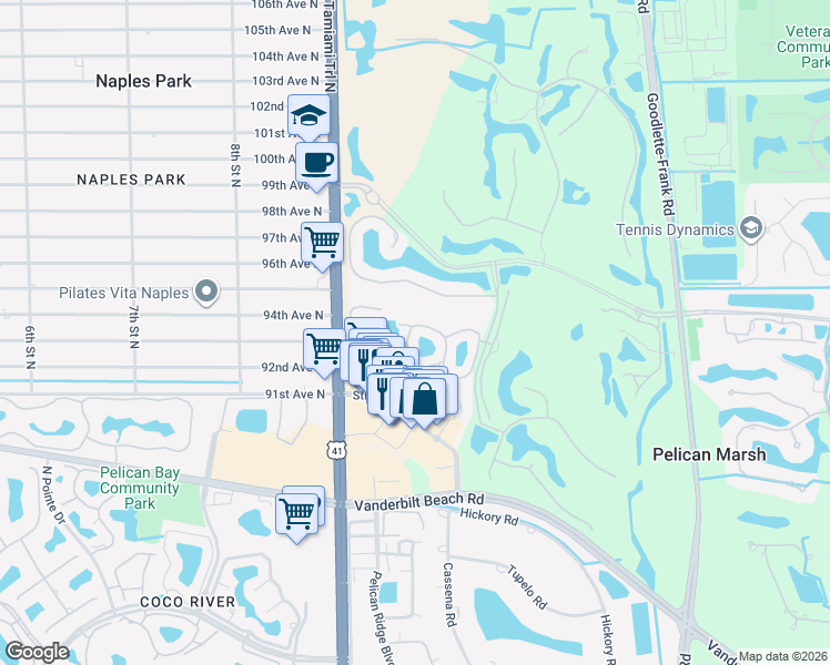 map of restaurants, bars, coffee shops, grocery stores, and more near 1190 Egrets Walk Circle in Naples