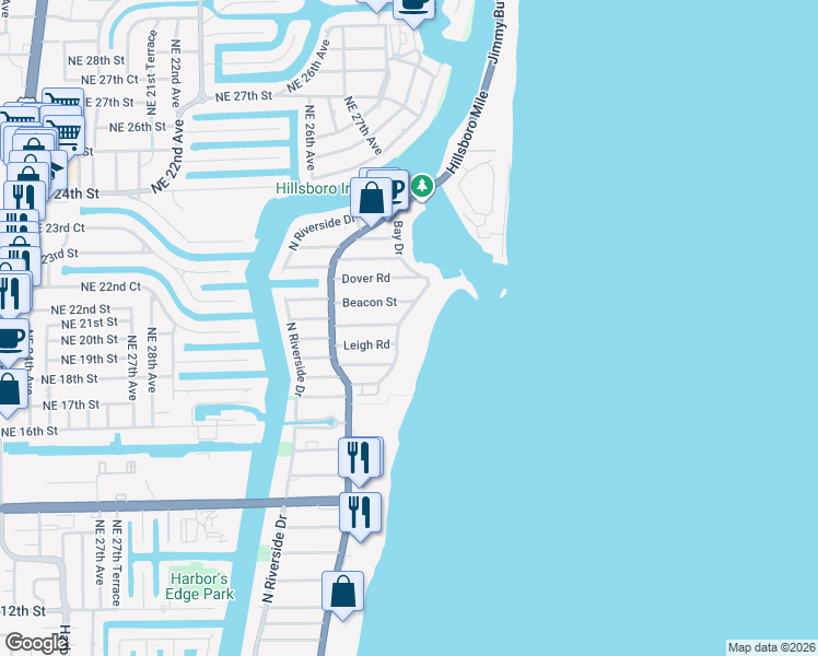 map of restaurants, bars, coffee shops, grocery stores, and more near 2200 Bay Drive in Pompano Beach