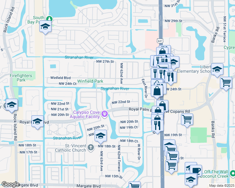 map of restaurants, bars, coffee shops, grocery stores, and more near 6134 Hogan Creek Road in Margate