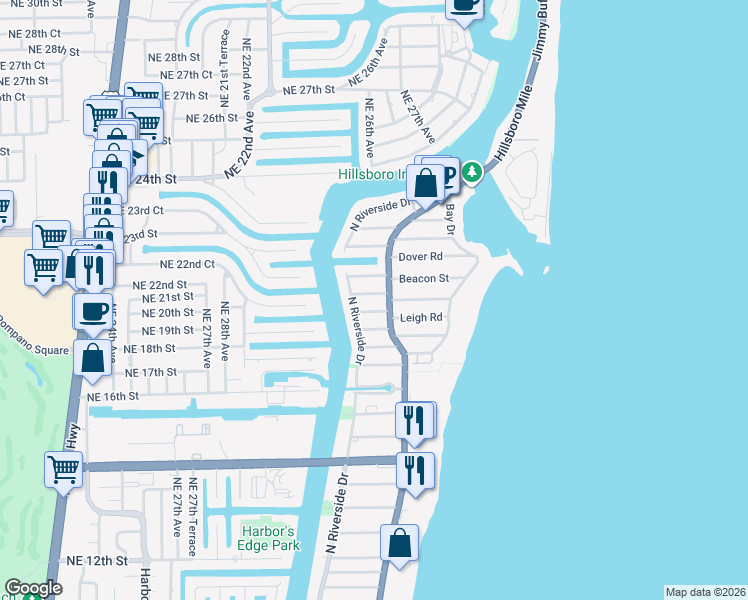 map of restaurants, bars, coffee shops, grocery stores, and more near 3202 Leigh Road in Pompano Beach