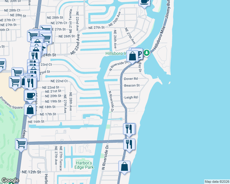 map of restaurants, bars, coffee shops, grocery stores, and more near 3202 Leigh Road in Pompano Beach