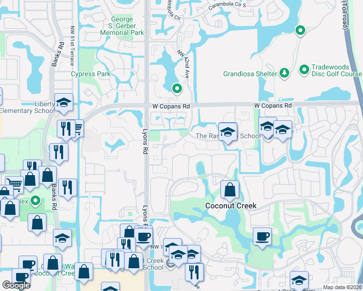 map of restaurants, bars, coffee shops, grocery stores, and more near 4429 Northwest 22nd Road in Coconut Creek
