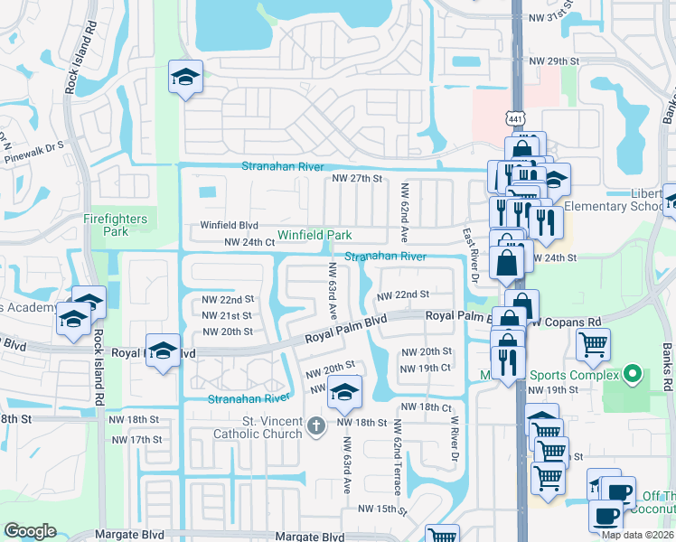 map of restaurants, bars, coffee shops, grocery stores, and more near 2230 Northwest 62nd Avenue in Margate