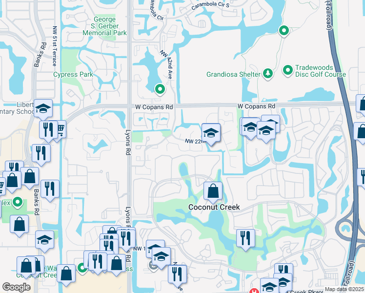 map of restaurants, bars, coffee shops, grocery stores, and more near 4083 Northwest 22nd Street in Coconut Creek