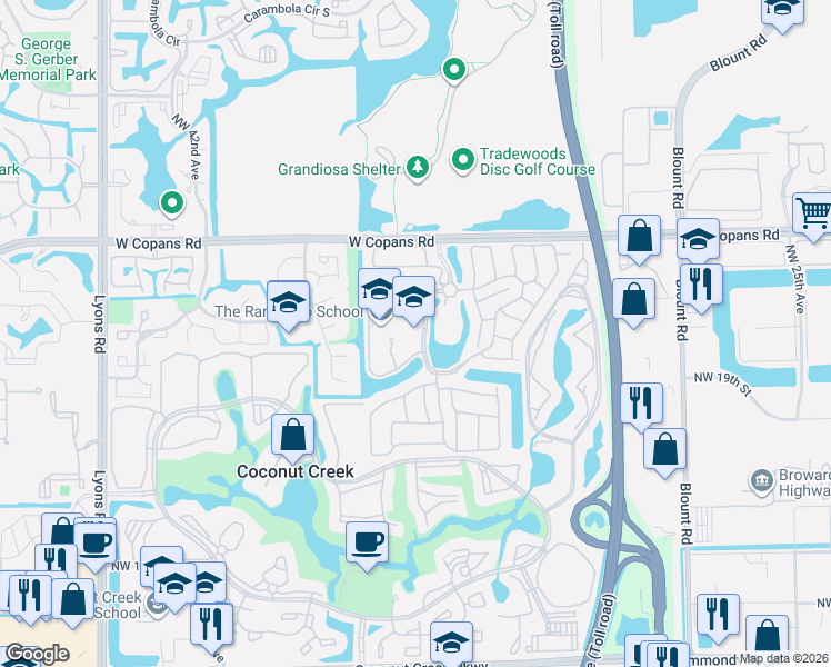 map of restaurants, bars, coffee shops, grocery stores, and more near 2166 Northwest 37th Avenue in Coconut Creek