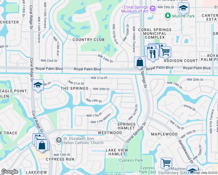 map of restaurants, bars, coffee shops, grocery stores, and more near 2051 Northwest 108th Lane in Coral Springs