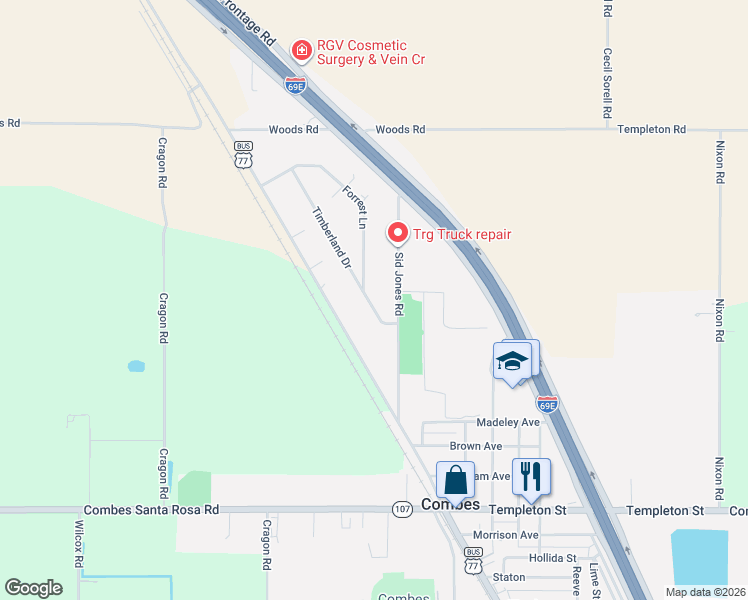 map of restaurants, bars, coffee shops, grocery stores, and more near 20891 Timberland Drive in Harlingen