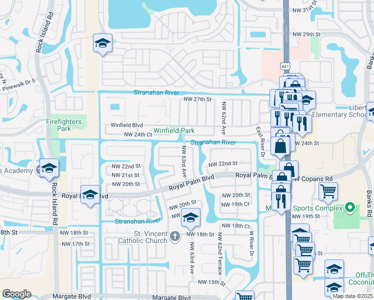 map of restaurants, bars, coffee shops, grocery stores, and more near 2230 Northwest 62nd Avenue in Margate