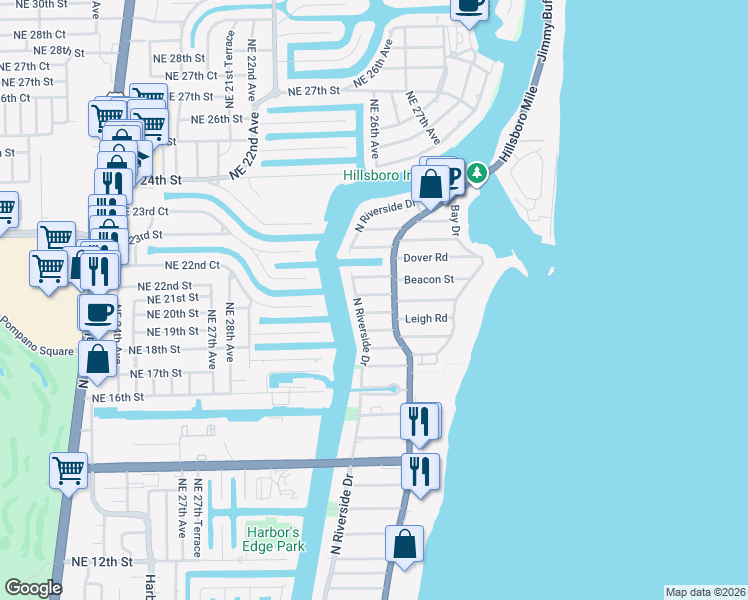 map of restaurants, bars, coffee shops, grocery stores, and more near 3202 Leigh Road in Pompano Beach
