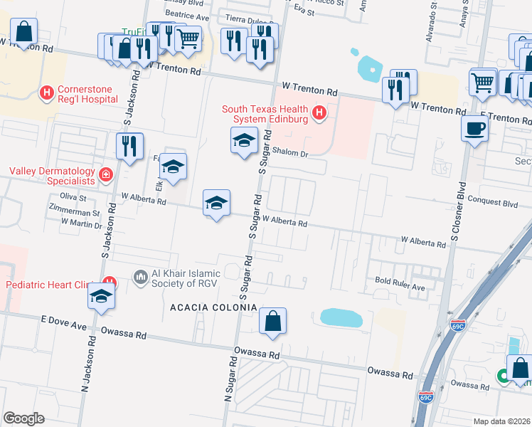 map of restaurants, bars, coffee shops, grocery stores, and more near 5005 Juno Court in Edinburg