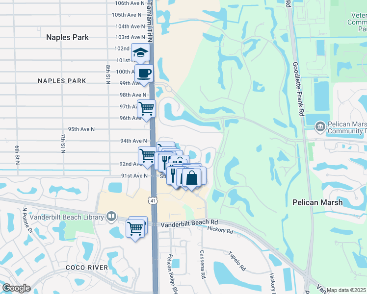 map of restaurants, bars, coffee shops, grocery stores, and more near 1109 Egrets Walk Circle in Naples