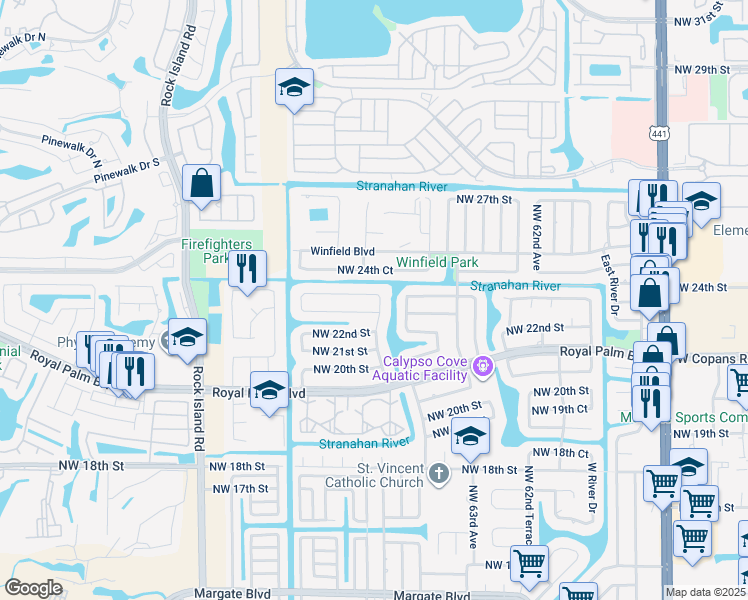 map of restaurants, bars, coffee shops, grocery stores, and more near 6600 Northwest 23rd Street in Margate
