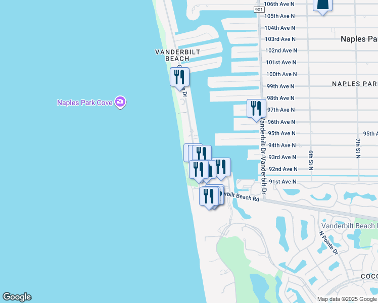 map of restaurants, bars, coffee shops, grocery stores, and more near 9375 Gulf Shore Drive in Naples
