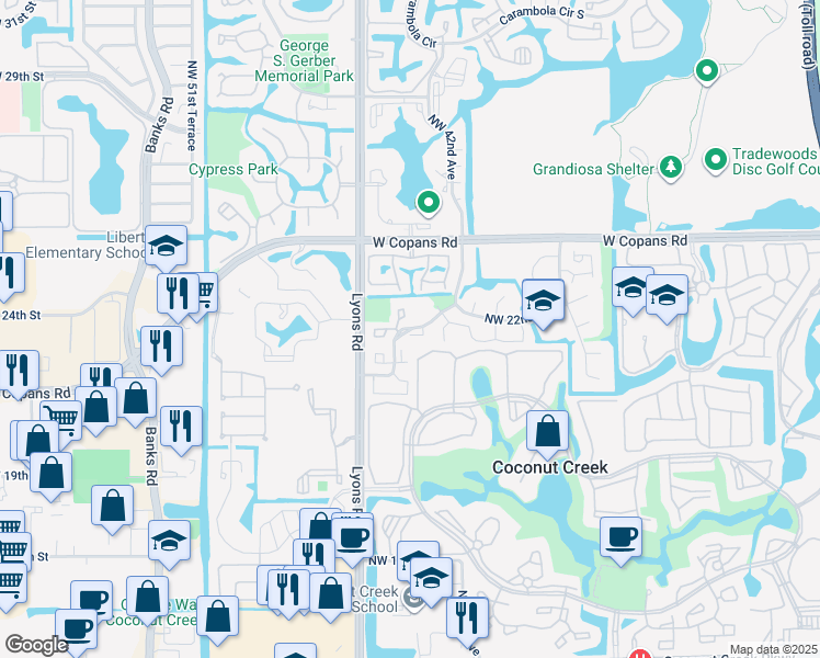 map of restaurants, bars, coffee shops, grocery stores, and more near 4429 Northwest 22nd Road in Coconut Creek
