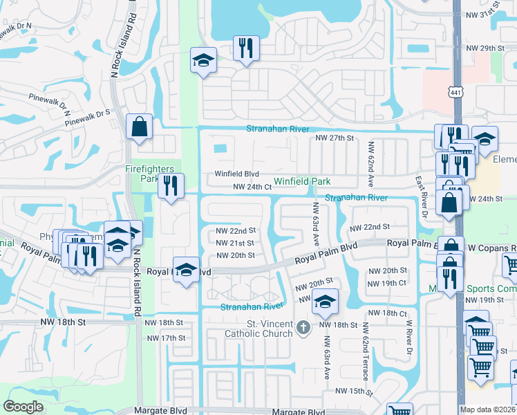 map of restaurants, bars, coffee shops, grocery stores, and more near 6600 Northwest 22nd Court in Margate