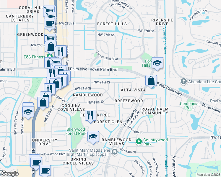 map of restaurants, bars, coffee shops, grocery stores, and more near 2073 Northwest 87th Terrace in Coral Springs