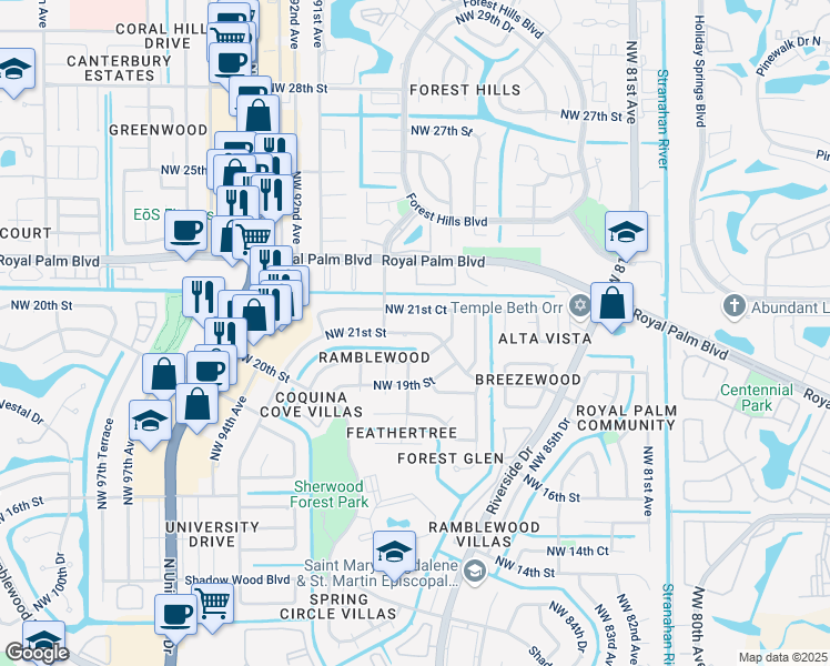 map of restaurants, bars, coffee shops, grocery stores, and more near 8855 Northwest 20th Manor in Coral Springs
