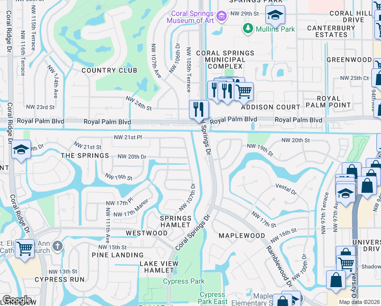 map of restaurants, bars, coffee shops, grocery stores, and more near 2021 Northwest 107th Drive in Coral Springs
