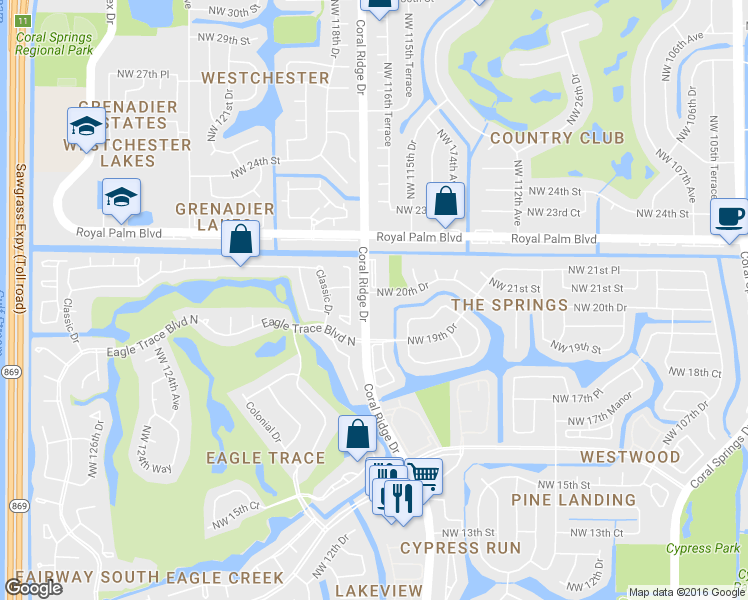 map of restaurants, bars, coffee shops, grocery stores, and more near 1901 Coral Ridge Drive in Coral Springs