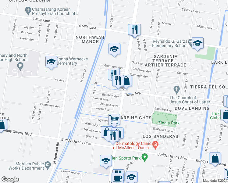 map of restaurants, bars, coffee shops, grocery stores, and more near 3722 Bluebird Avenue in McAllen