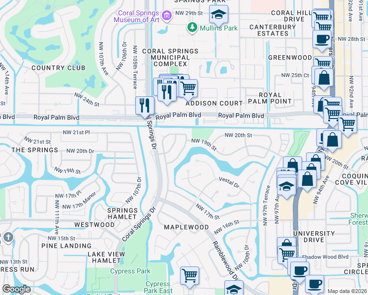 map of restaurants, bars, coffee shops, grocery stores, and more near 2048 Northwest 102nd Terrace in Coral Springs