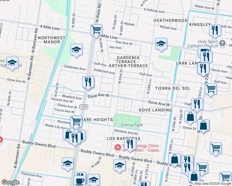 map of restaurants, bars, coffee shops, grocery stores, and more near 5512 North 32nd Street in McAllen