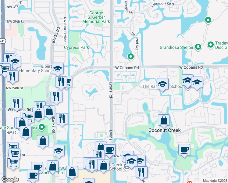 map of restaurants, bars, coffee shops, grocery stores, and more near 2139 Northwest 45th Avenue in Coconut Creek