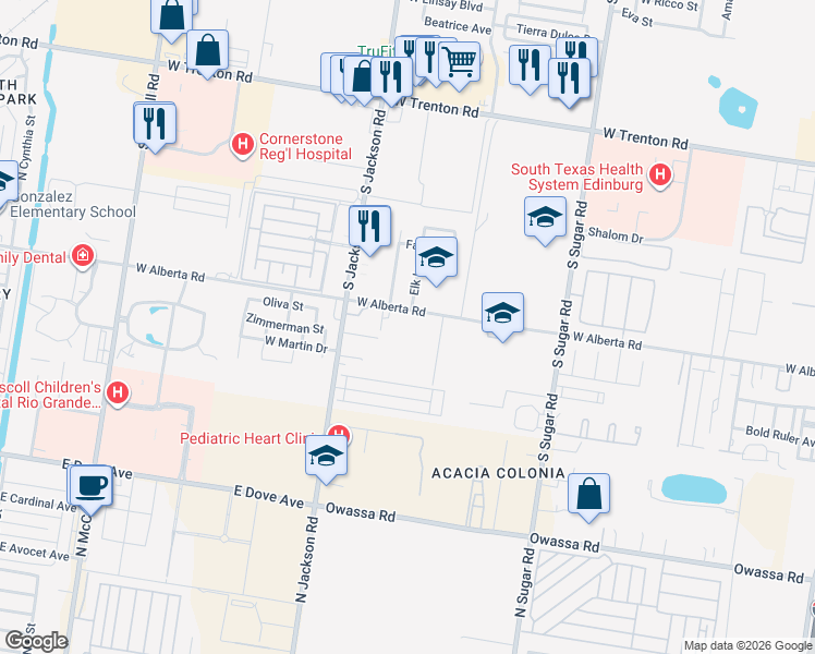 map of restaurants, bars, coffee shops, grocery stores, and more near 2008 West Alberta Road in Edinburg