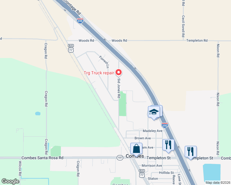 map of restaurants, bars, coffee shops, grocery stores, and more near 20708 Sid Jones Road in Combes