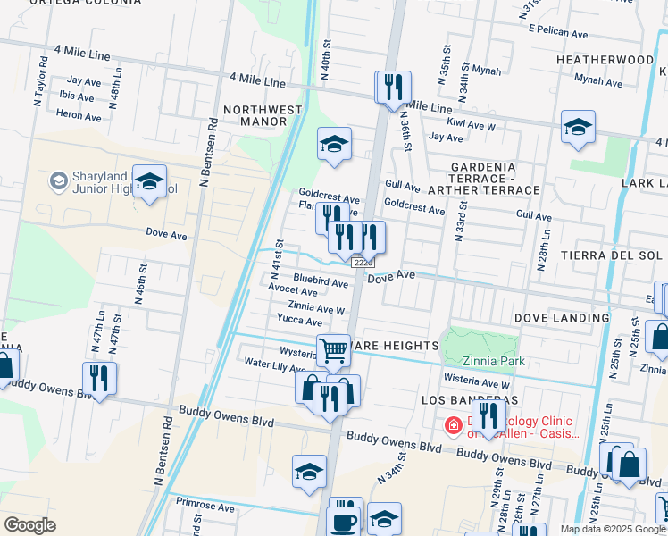 map of restaurants, bars, coffee shops, grocery stores, and more near 3800 West Dove Avenue in McAllen