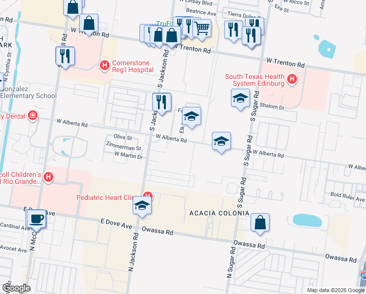map of restaurants, bars, coffee shops, grocery stores, and more near 2008 West Alberta Road in Edinburg