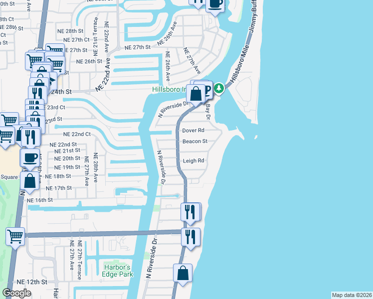 map of restaurants, bars, coffee shops, grocery stores, and more near 3403 Leigh Road in Pompano Beach