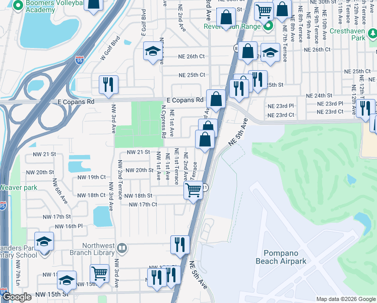 map of restaurants, bars, coffee shops, grocery stores, and more near 2070 Northeast 2nd Avenue in Pompano Beach
