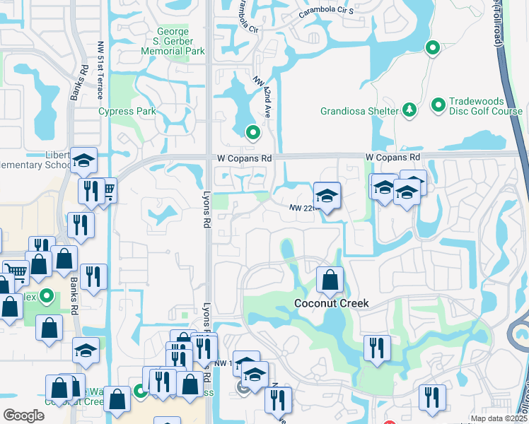 map of restaurants, bars, coffee shops, grocery stores, and more near 4228 Northwest 22nd Street in Coconut Creek