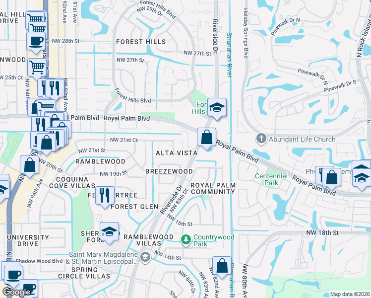 map of restaurants, bars, coffee shops, grocery stores, and more near 8506 Northwest 21st Street in Coral Springs
