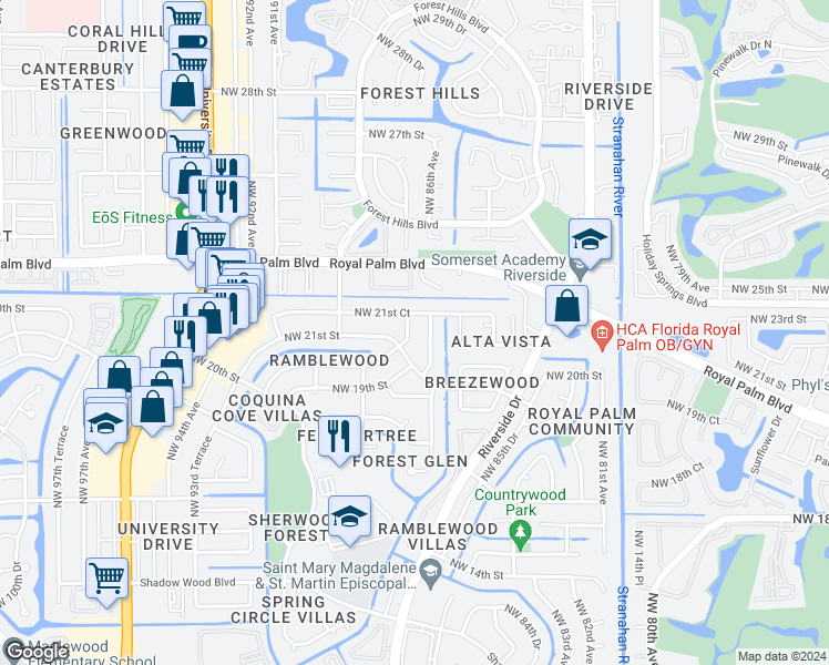 map of restaurants, bars, coffee shops, grocery stores, and more near 2073 Northwest 87th Terrace in Coral Springs