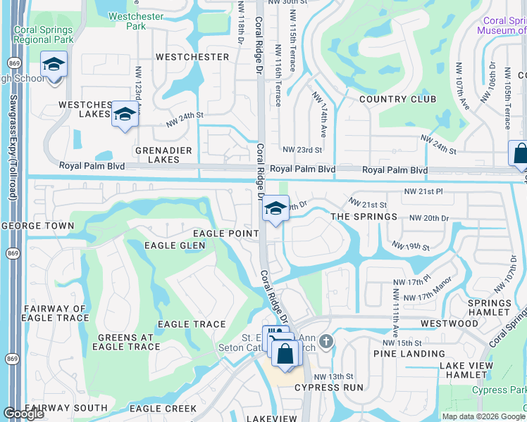 map of restaurants, bars, coffee shops, grocery stores, and more near 1901 Coral Ridge Drive in Coral Springs