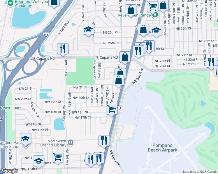 map of restaurants, bars, coffee shops, grocery stores, and more near 2030 Northeast 2nd Avenue in Pompano Beach