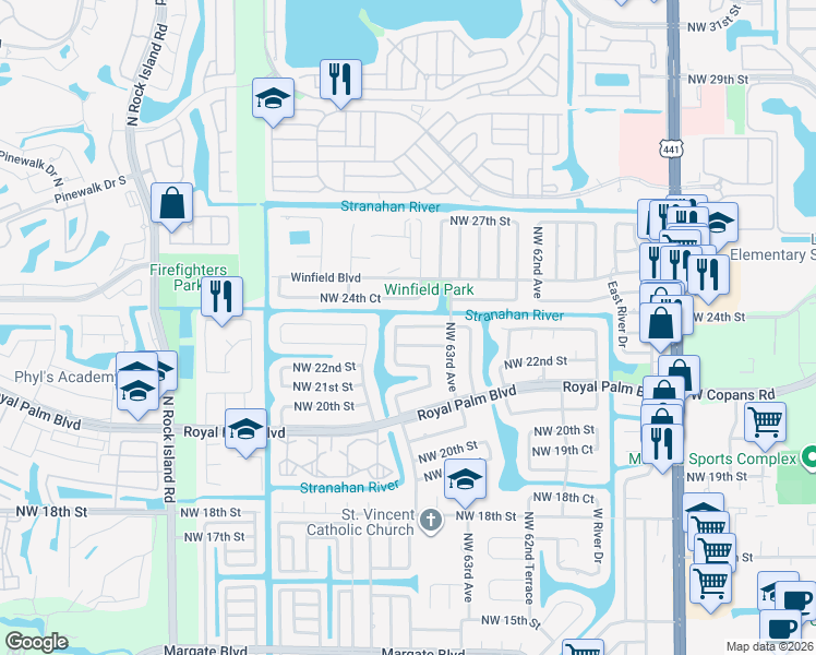 map of restaurants, bars, coffee shops, grocery stores, and more near 6480 Northwest 22nd Court in Margate