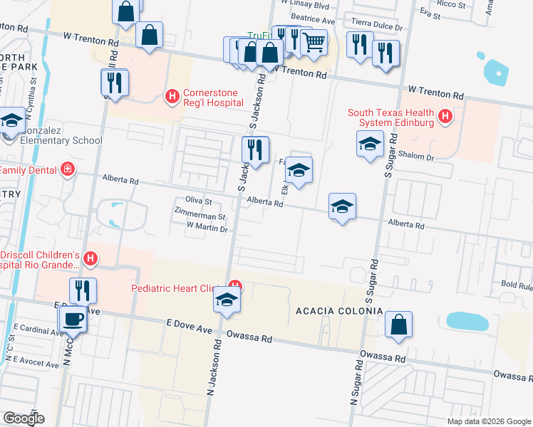 map of restaurants, bars, coffee shops, grocery stores, and more near 2116 West Alberta Road in Edinburg