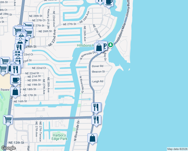map of restaurants, bars, coffee shops, grocery stores, and more near 3403 Leigh Road in Pompano Beach