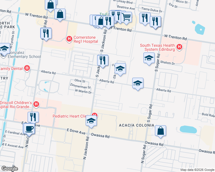 map of restaurants, bars, coffee shops, grocery stores, and more near 2116 West Alberta Road in Edinburg