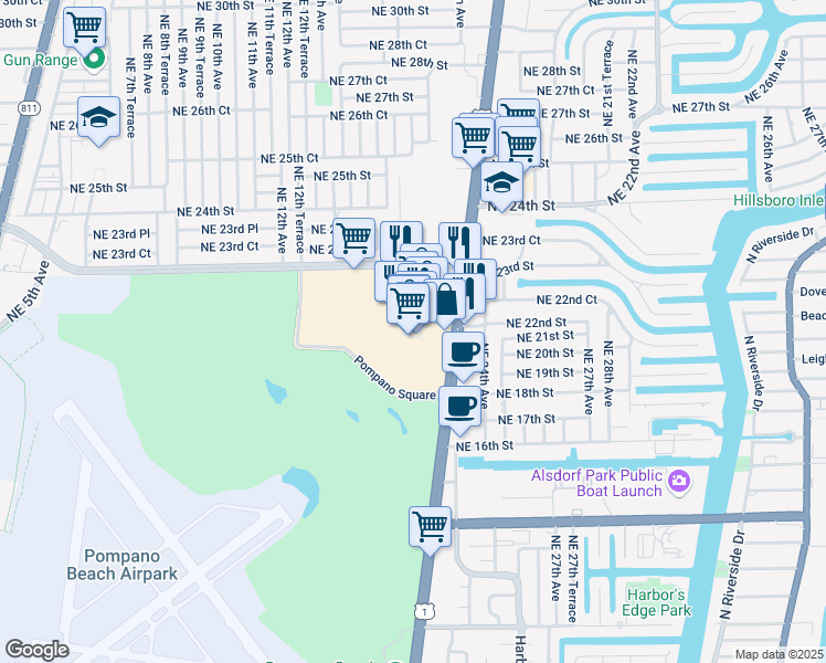map of restaurants, bars, coffee shops, grocery stores, and more near 2101 North Federal Highway in Pompano Beach