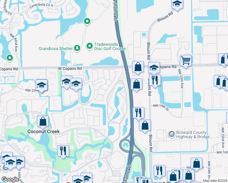 map of restaurants, bars, coffee shops, grocery stores, and more near 2290 Northwest 33rd Terrace in Coconut Creek