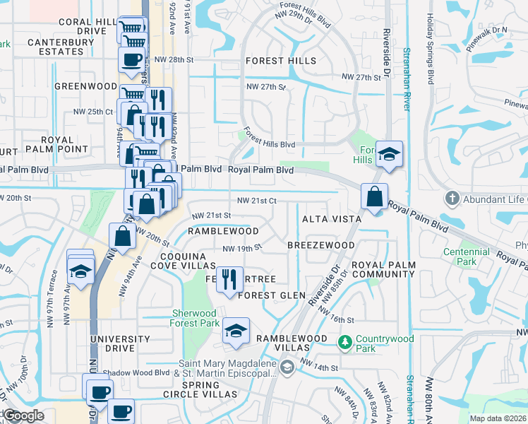 map of restaurants, bars, coffee shops, grocery stores, and more near 8751 Northwest 21st Court in Coral Springs