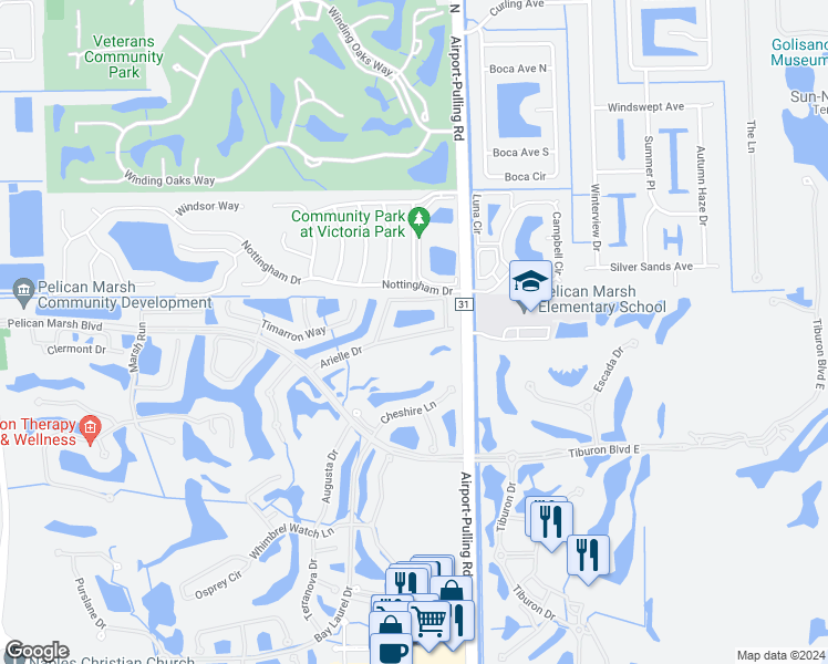 map of restaurants, bars, coffee shops, grocery stores, and more near 2220 Arielle Drive in Naples